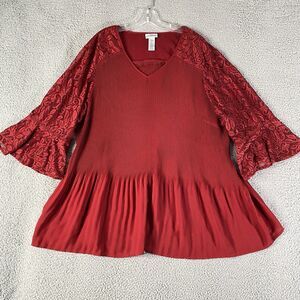 Catherines Top Women 4X 30/32W Red Lace Bell Sleeve Pleated Flowy Fairy Romantic